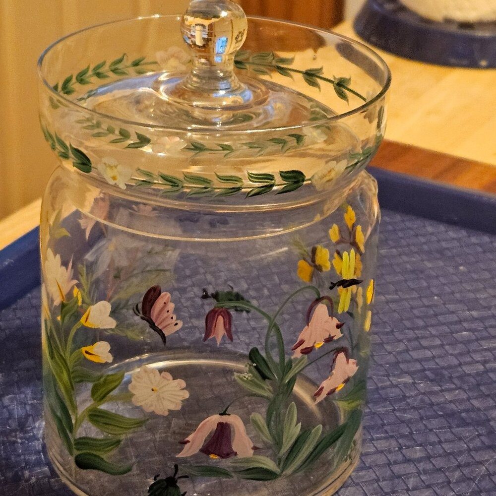 clear glass hand painted floral/butterflies lidded canister jar by Godinger